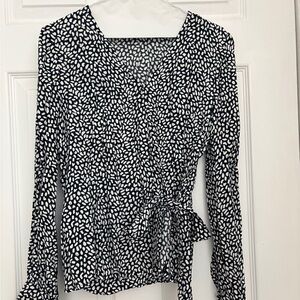 Talbots Black and White Patterned Wrap Top